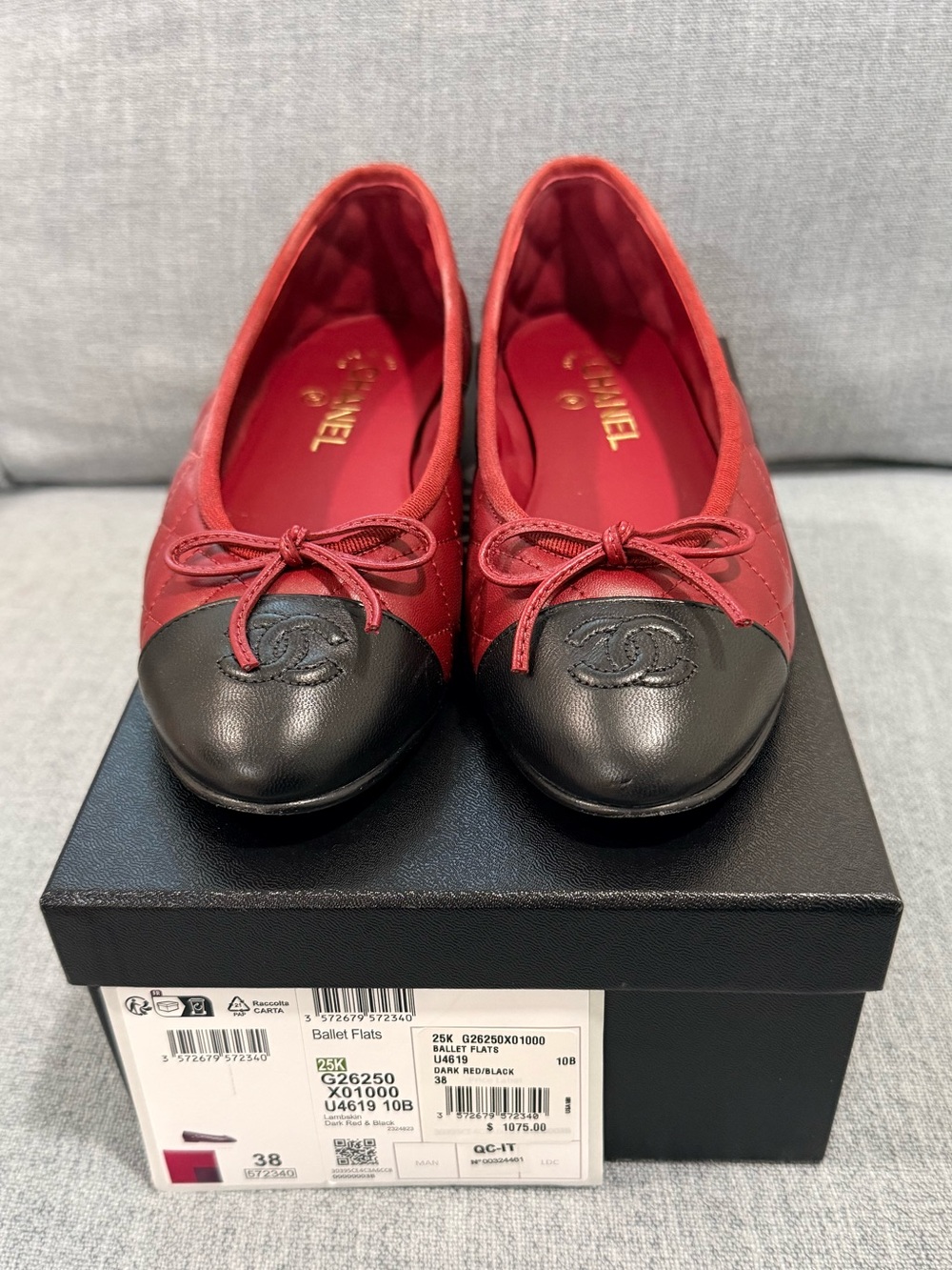 CHANEL Burgundy Red Leather Ballet Flats with Black Cap Toe